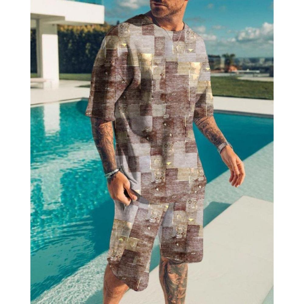 Summer Men's O-Neck Short Suit Sleeve coatGeometric Pattern Print 3D Sportswear Casual Oversized Top Shorts Breathable Sportswea