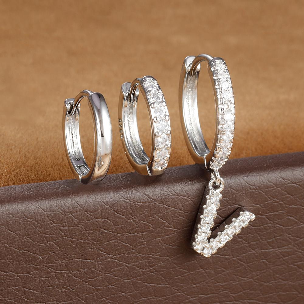 3pcs Silver Color Stainless Steel 26 Letters Hoop Earrings Set For Women A-Z Crystal Zircon Geometric Earrings Wedding Jewelry