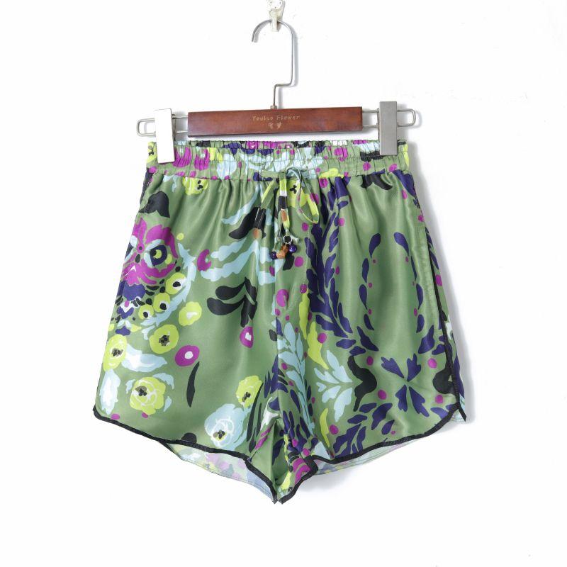 

New Summer Women s Clothing Fashion K-style Retro Print Hot Pants Elastic High Waist Lace-up Loose Slimming and All-Matching Shorts Green XS