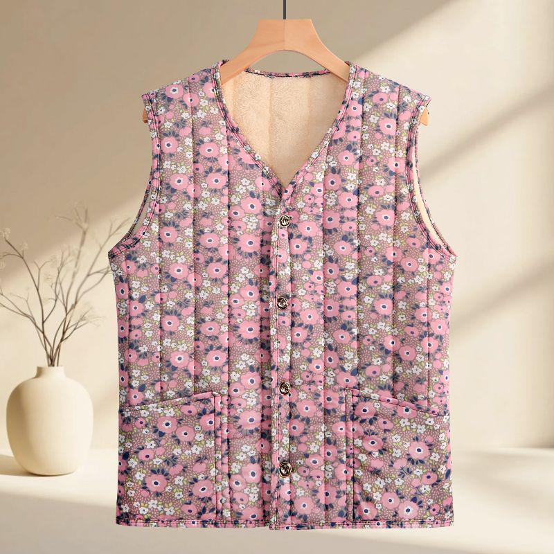 Květinová fleecem podšitá teplá vesta pro ženy středního a staršího věku