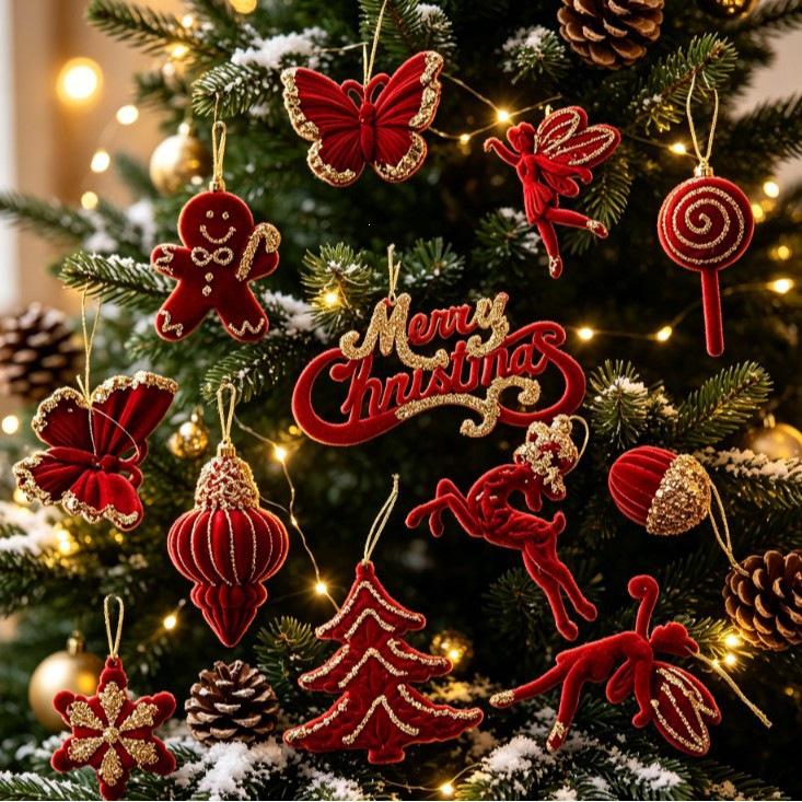 New Christmas Tree Red Flocking Ornaments and Bow Decorations