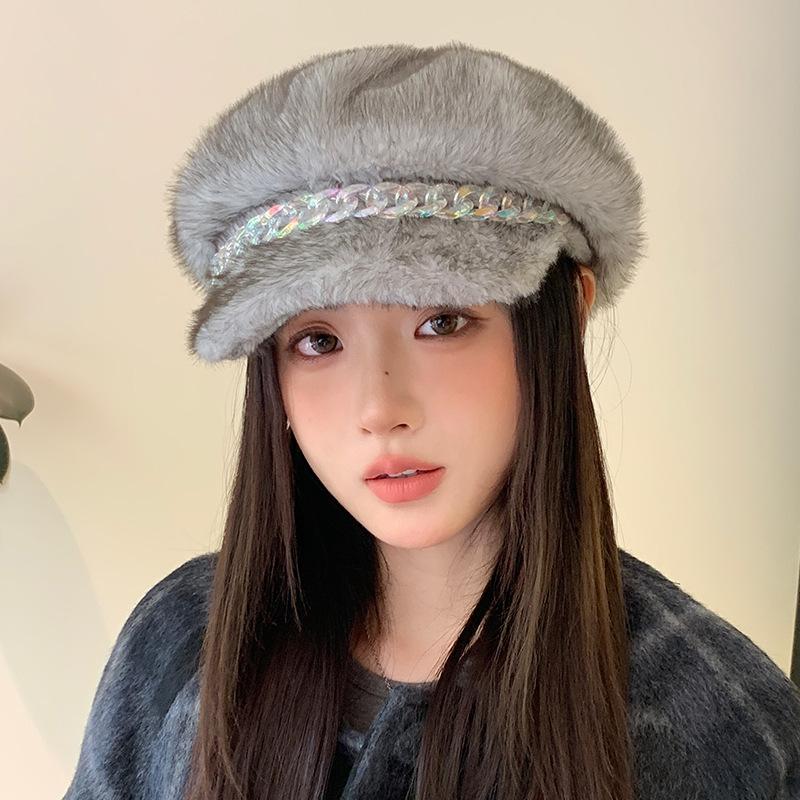 Hat Women's Autumn and Winter Imitation Mink Hair Color Chain Beret Plus Velvet Thickened Windproof and Warm Hat Art Retro Octagonal Hat
