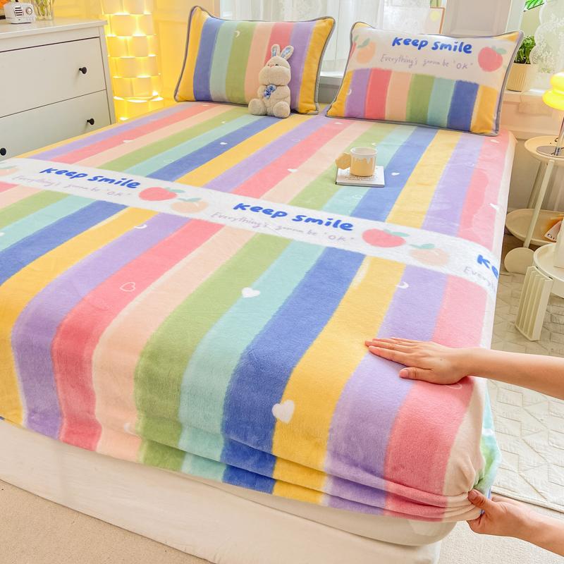 Winter Warm Thicken Flannel Elastic Fitted Sheet Mattress Protector Cover Cartoon Print Plush Soft Cozy Bed Sheet Home Decor