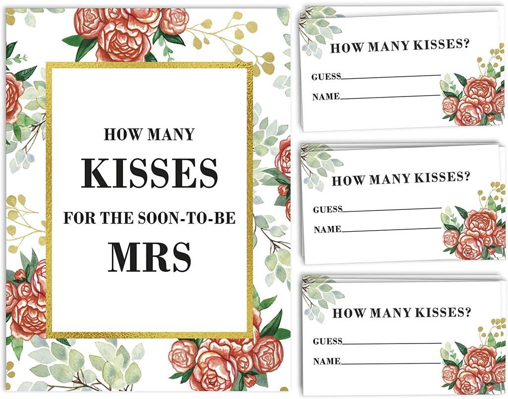 Inkdotpot 1 Sign + 30 Cards How Many Kisses for The Soon to Be Mrs White Floral Bridal Shower Game