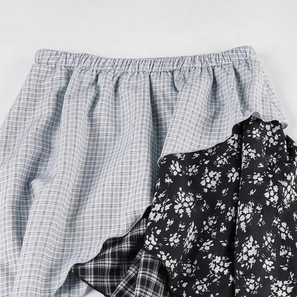 Spring/Summer Women's Low-Waist Plaid & Floral Patchwork Irregular Hem Skirt