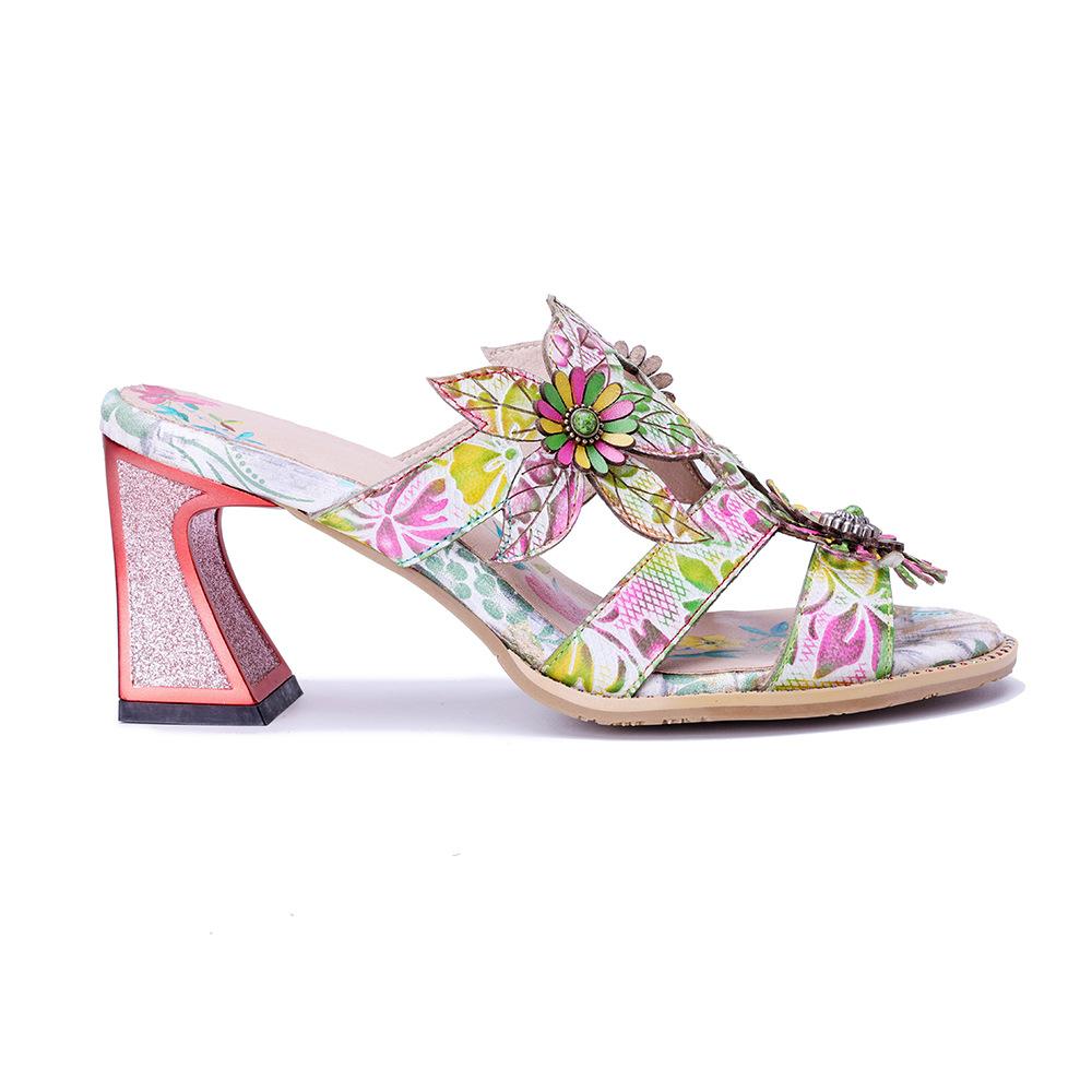 Johnature Retro Three-dimensional Flower Colored Fashion Slippers Genuine Leather Printed Coarse Heel Sandals