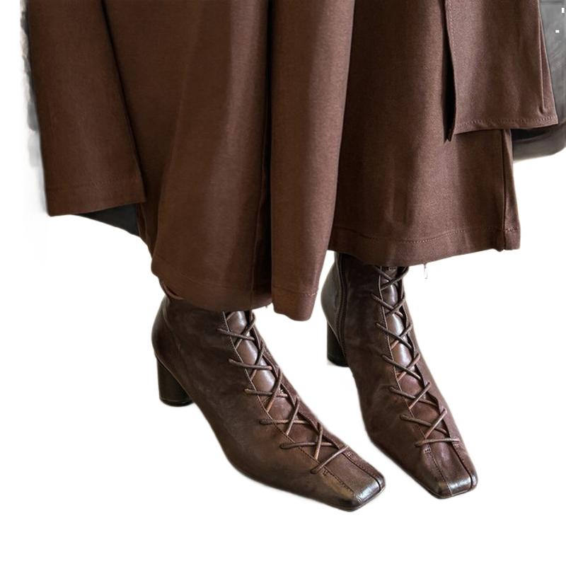 Full Leather French Niche Design Square Head Leather Shoes 2025 New Thick Heel Lace-up Single Shoes Women's High Heel European Goods Women