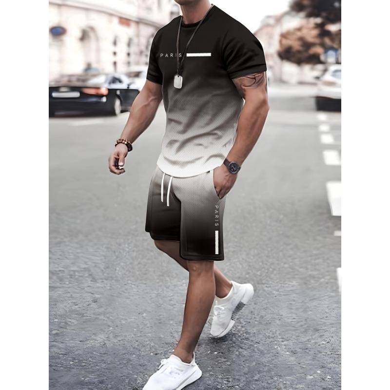 2 Piece Men's Fashion Summer Resort Clothing Set, Men's Gradient Short Sleeve T-Shirt and Pocket Drawstring Shorts Set