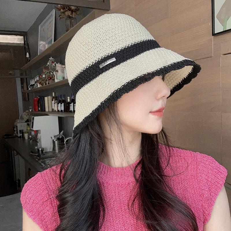 Korean-style Japanese straw fisherman hat for women with metal logo, makes the face look smaller, fully covers the face, breathable and