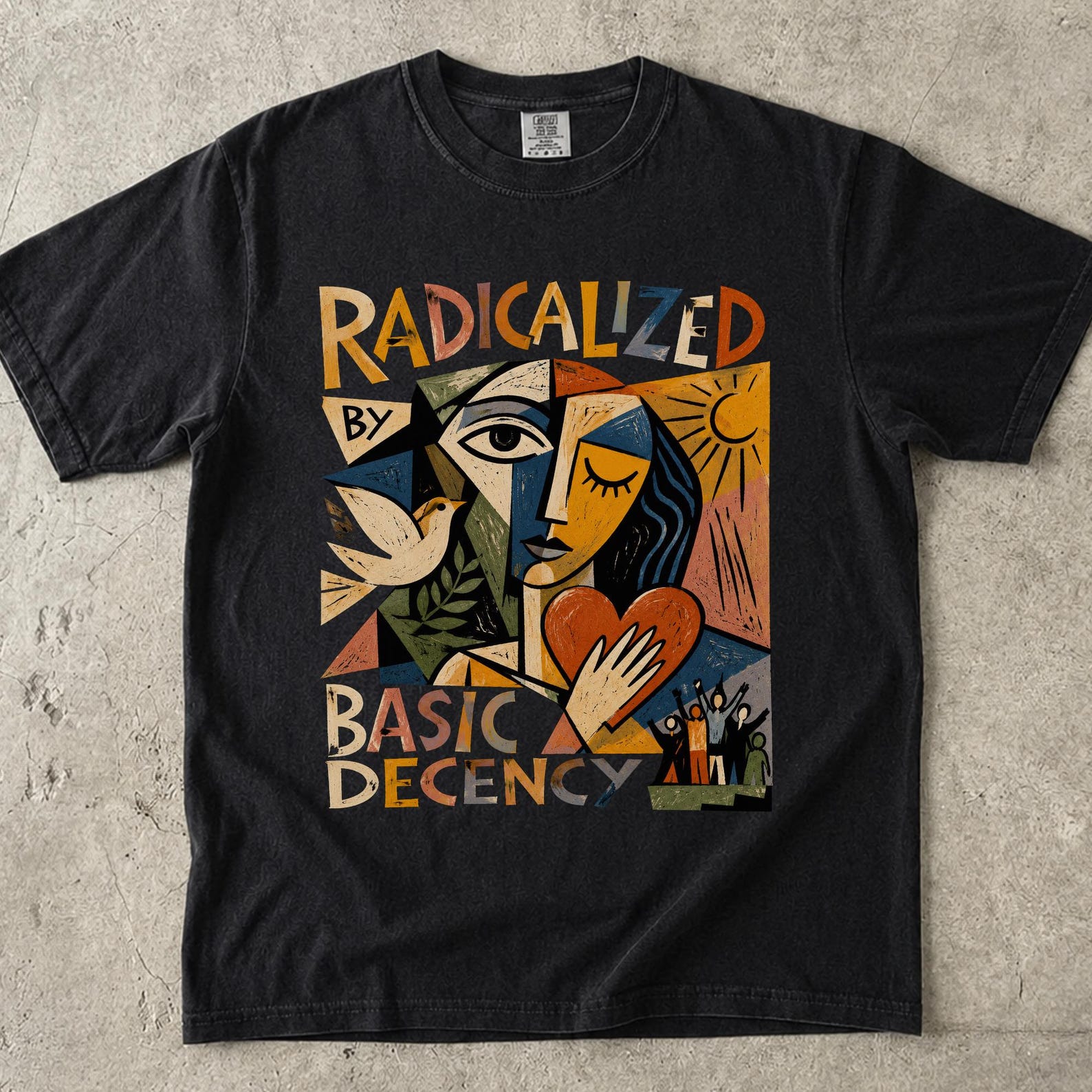 Radicalized by Basic Decency Comfort Colors T-shirt, Picasso Style Abstract Face Tee, Cubism Art Human Rights Activist Gift 3XL