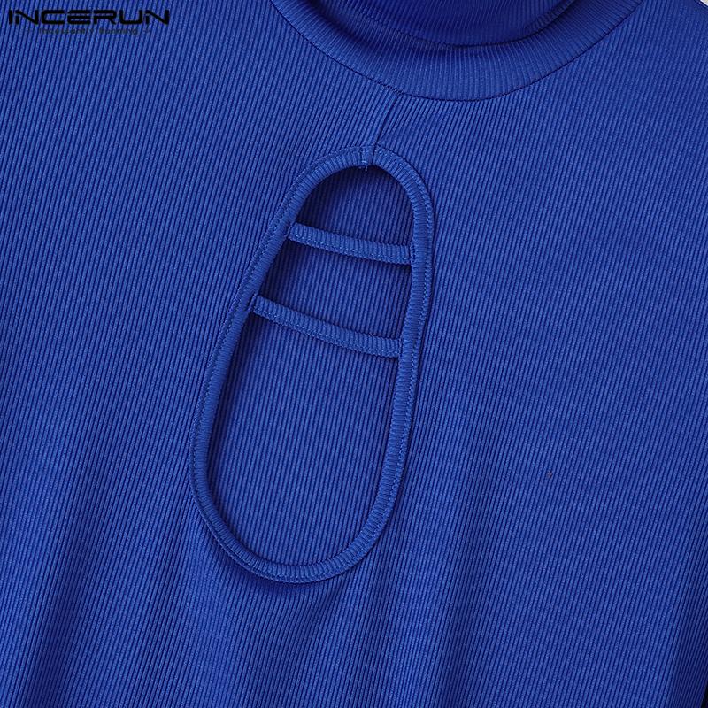 INCERUN Men High Neck Long Sleeve Fitted Tops Casual Slim Cutout Undershirts