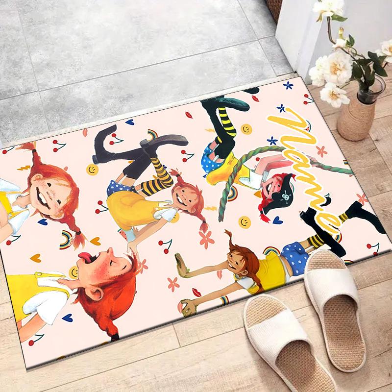 Custom Pippi Longstocking Mat Personalized Name, Polyester Washable Indoor Entryway Rug, Gift for Christmas, Easter, Thanksgiving Day