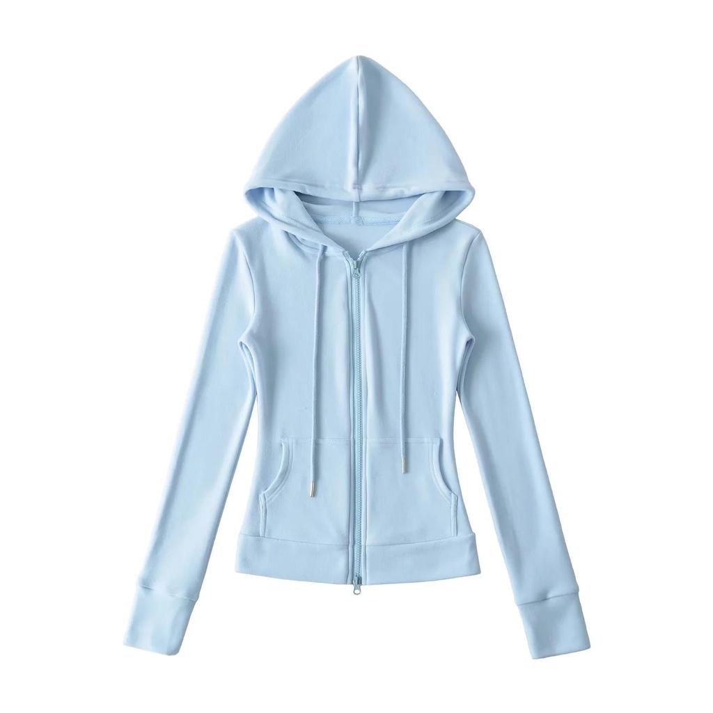 Women's American Style Thermal Fleece Slim Fit Hooded Yoga Sweatshirt with Double Zippers & Large Pockets for Autumn/Winter.