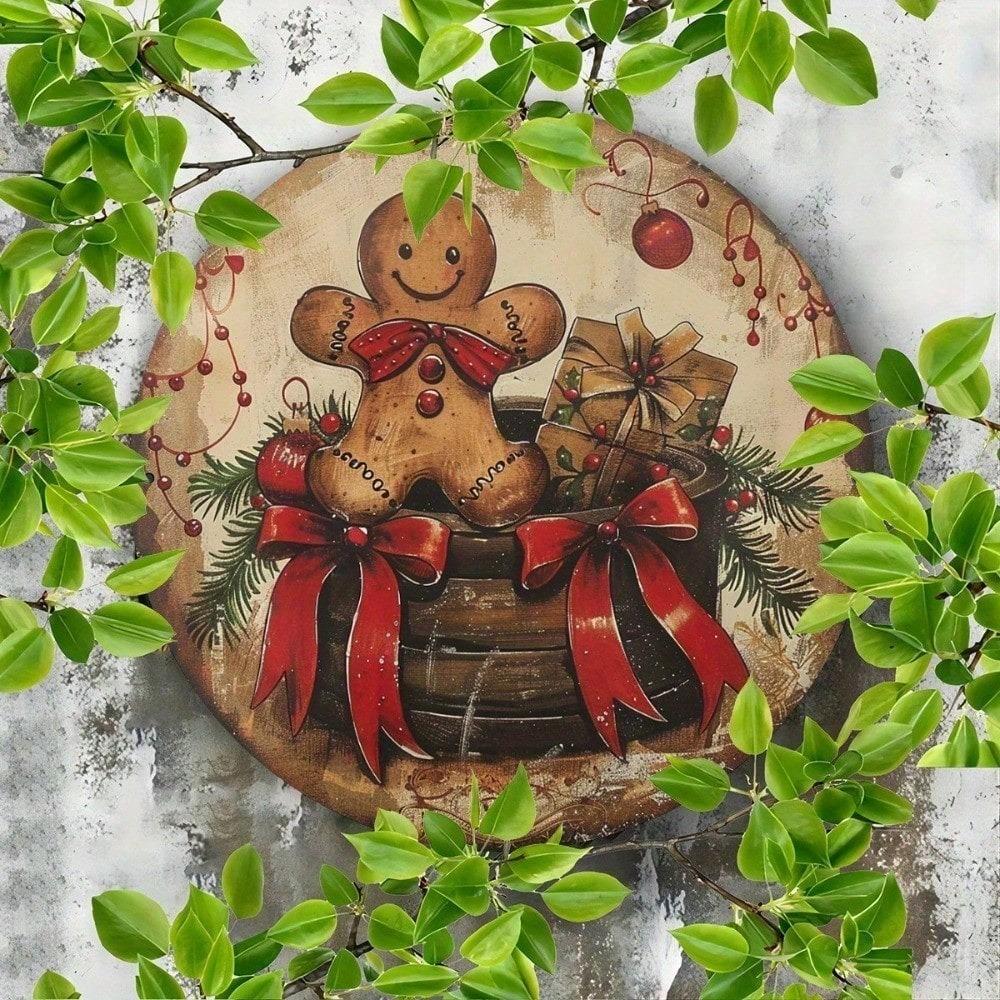 Vintage Metal Tin Sign 8x8 Inch Round, 2D Flat Aluminum Wall Art For Kitchen Bar Cafe, Retro Christmas Gingerbread Man Home Decor
