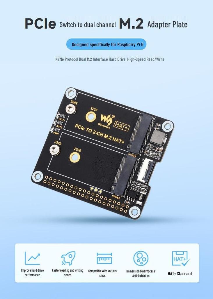 Raspberry Pi 5 PCIe Dual M.2 NVMe Adapter Board for Hard Drive Expansion