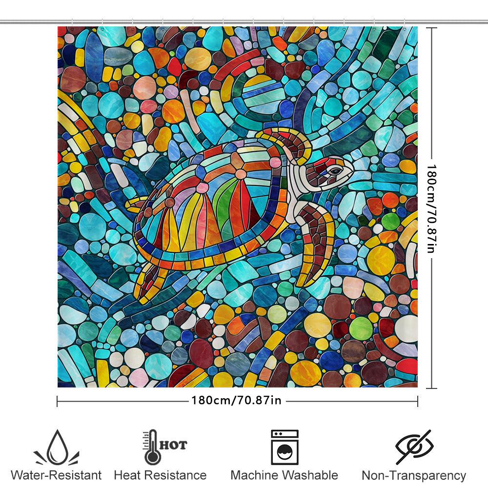 Handmade Mosaic Shower Curtain, Sea Turtle Print, Waterproof Fabric Bath Mat Decor, Multicolor Artistic Stained Glass Design Hom