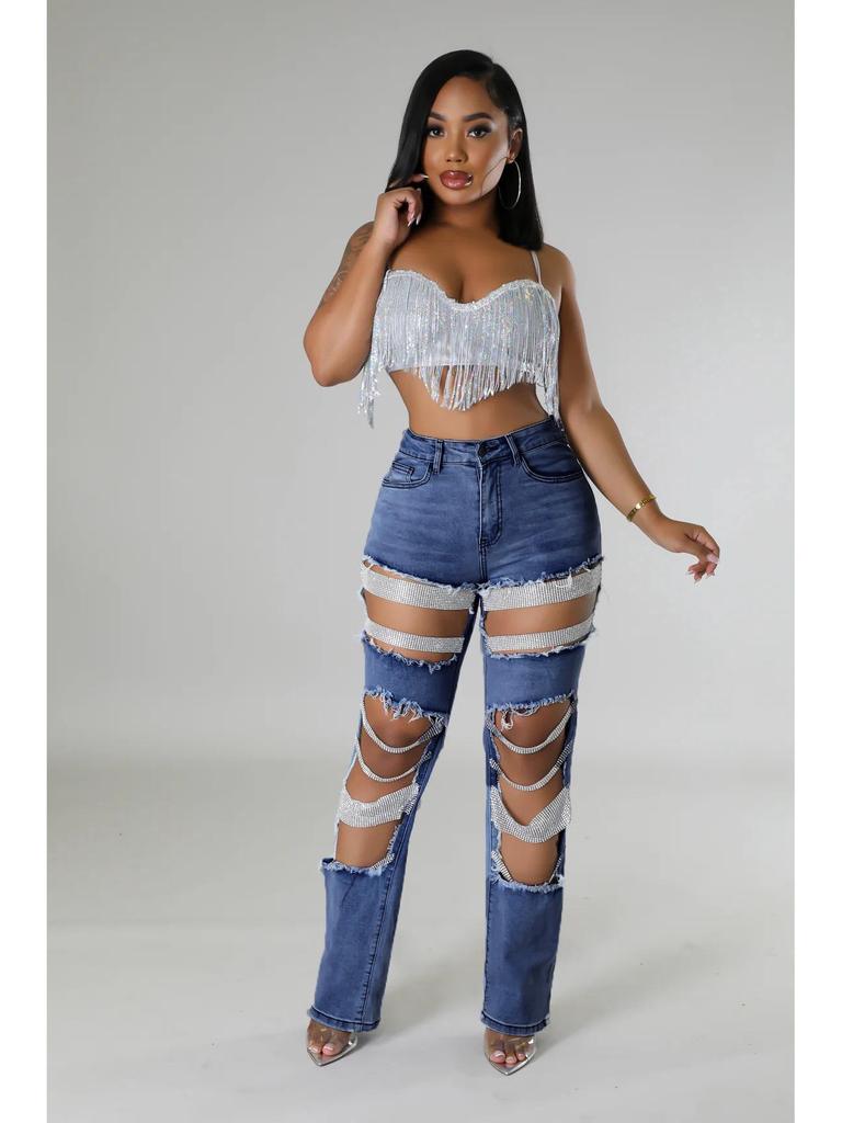 2025 Beaded Ripped Elastic Jeans for Women: Hot Girl Summer Style