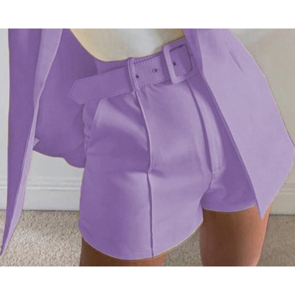 Women's Slim Fit Two Piece Suit Lapel Long Sleeve Blazer High Waist Belted Short Co-ord Outfit Set