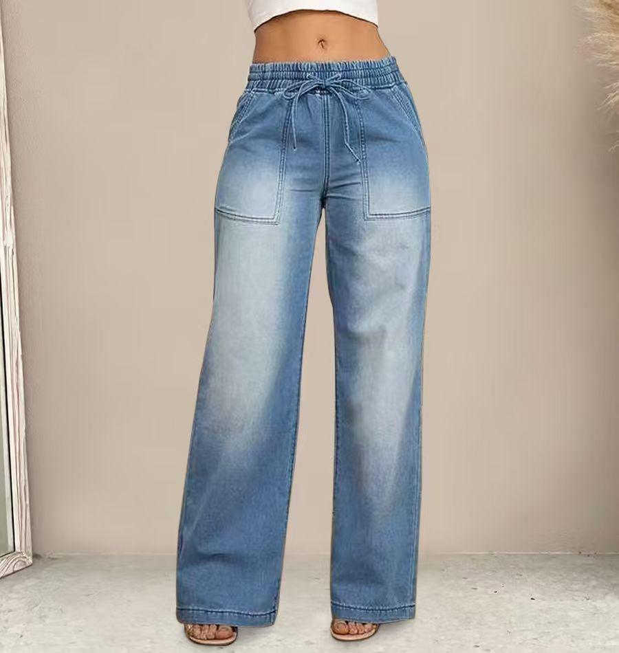 

European & American Women s Drawstring Waist Slimming Wide-Leg Jeans Medium светло-синий