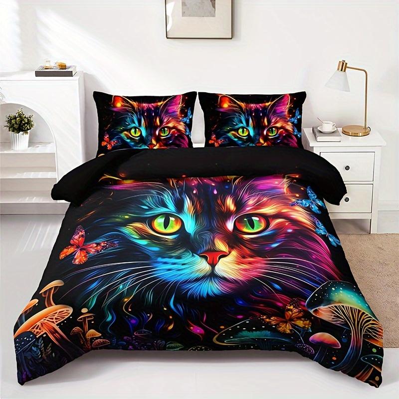 Kitten And Mushroom Duvet Cover Set Soft Breathable Hd Printing Bedding Set For Home Dorm Decor