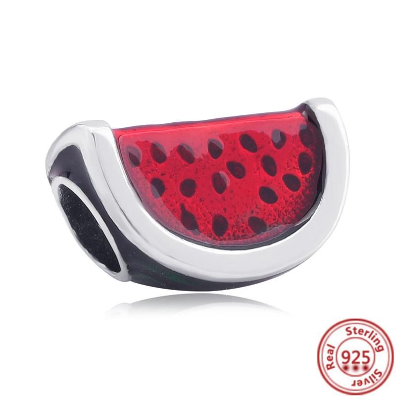 New S925 Silver Hand Painting Red Zircon Watermelon ECG Graph Beads Fit Original  Charm Bracelet Bangles Women DIY Jewelry