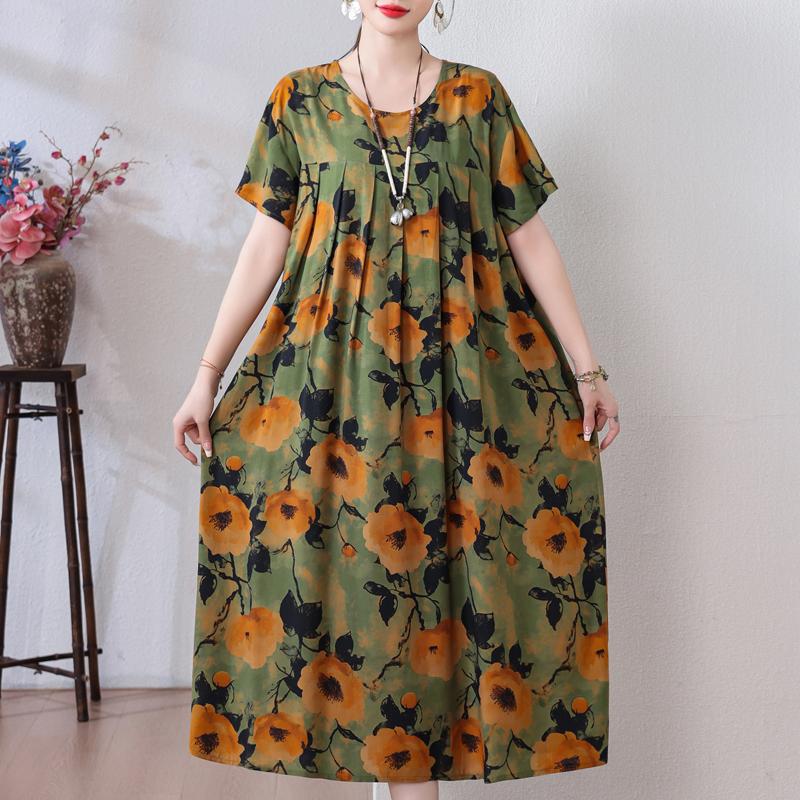Plus Size Loose Vintage Print Langes Kleid für Damen Lässige Kurzarm-Sommer-Damenkleider