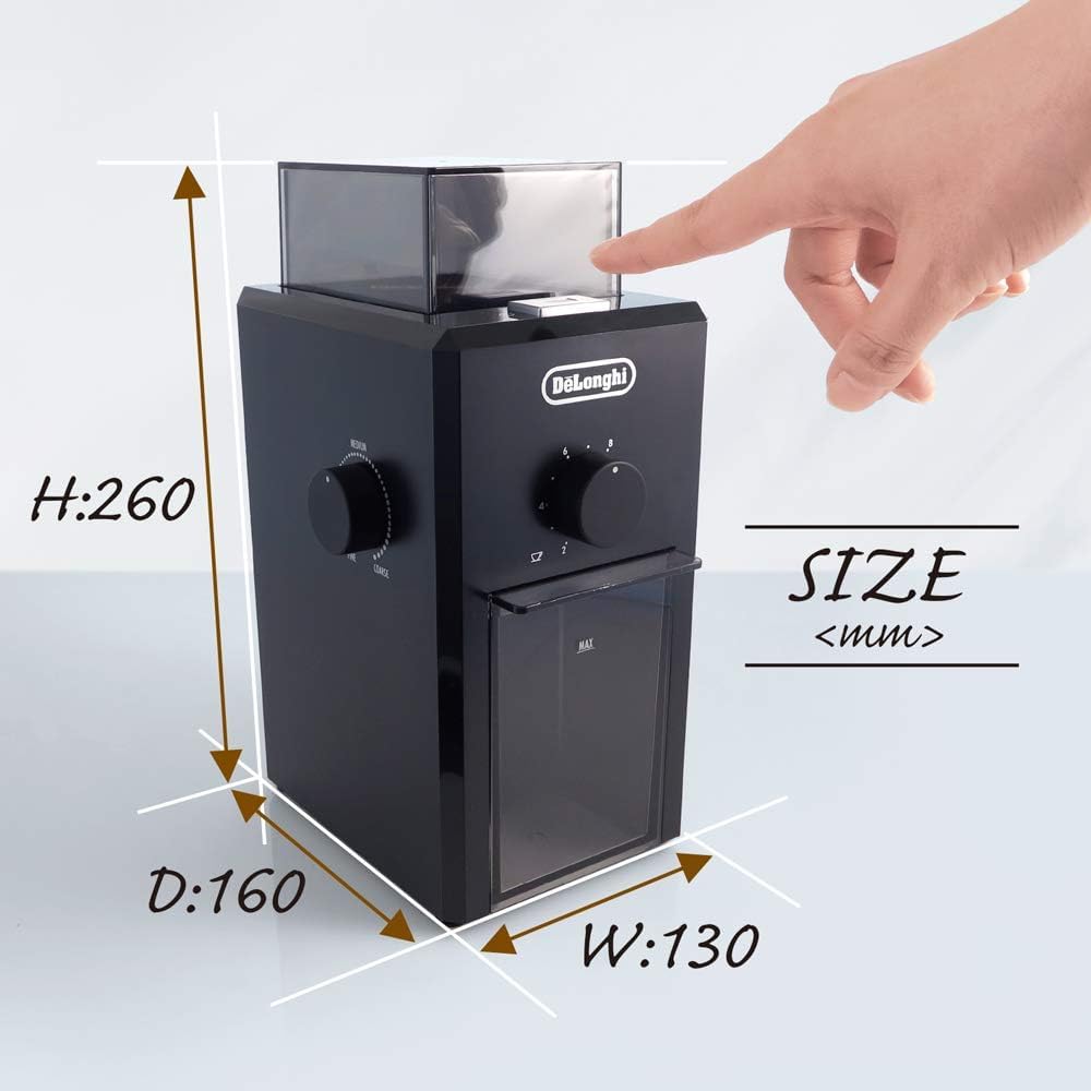 DeLonghi KG79JN Coffee Burr Makes 120g of Coffee Easy Coarse to Fine Detachable Safety Power Cord Holder Warranty with Family Registration Grinder,