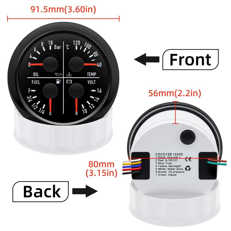 ZMFJH 100-550MM Fuel Level Sensor 0-190ohm 80MM Oil Pressure+Water Temp+Fuel Level+Voltage 7 Color LED for Marine Boat Yacht Car