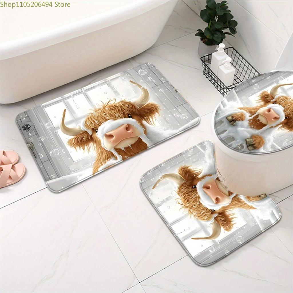 1/3/4pcs Cute Highland Cow Bathroom Set with Shower Curtain, Bath Mat & Toilet Cover - Scottish Cow Print Bath Decor, Soft Far