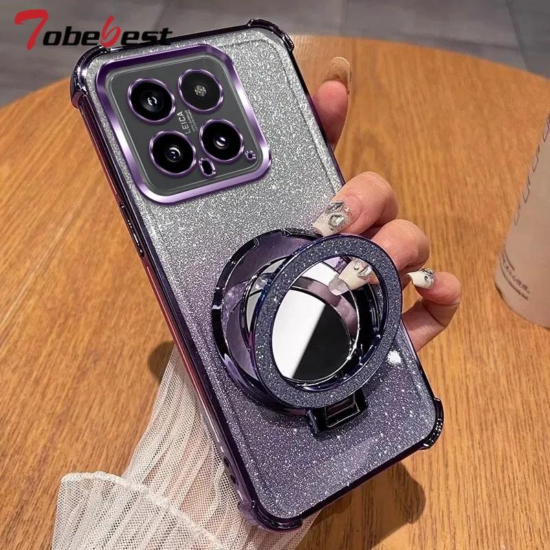 Glitter Shockproof Silicone Case For Xiaomi Mi 15 14 14T 13 12 Pro 12X 12S Mirror Magnetic Holder Stand Soft Cover
