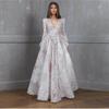 Elegant Lace Embroidered Evening Dress With Beaded Detailing Deep V-Neck Long Sleeve Princess Gown Wedding Party