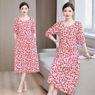 Cotton Silk Long Dress Summer Loose Slimming Knee-Length Floral Print Short-Sleeve Elegance Mommy's Outfit Street Style Trend
