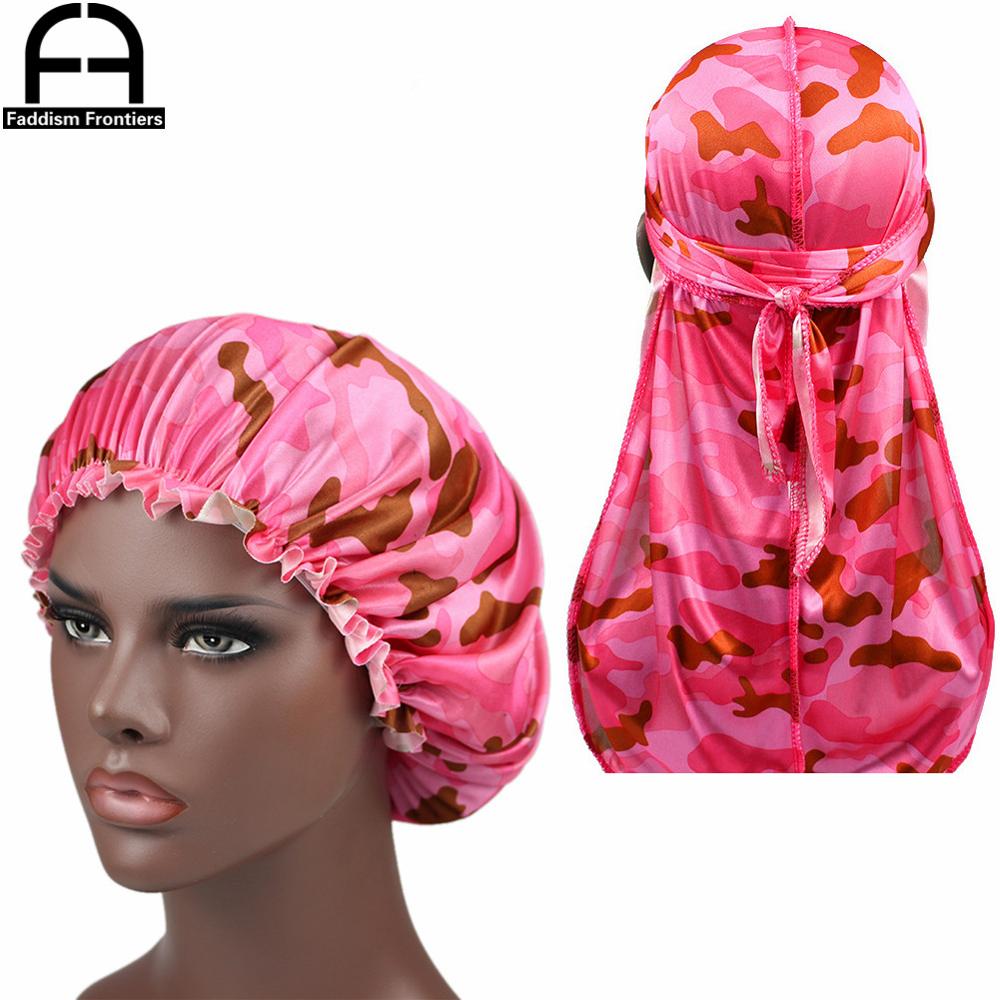 Camo Silky Durag Match Bonnet Women Camo Pattern Print Fabric Ankara Bonnets Sleeping Cap Ladies Turban