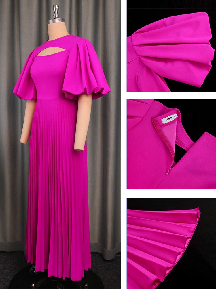 AOMEI Rosafarbene, plissierte Partykleider für Frauen, sexy, kurze Laternenärmel, Ausschnitt auf der Brust, elegante afrikanische Kleider für Feiern von Geburtstagen und Hochzeitsgästen