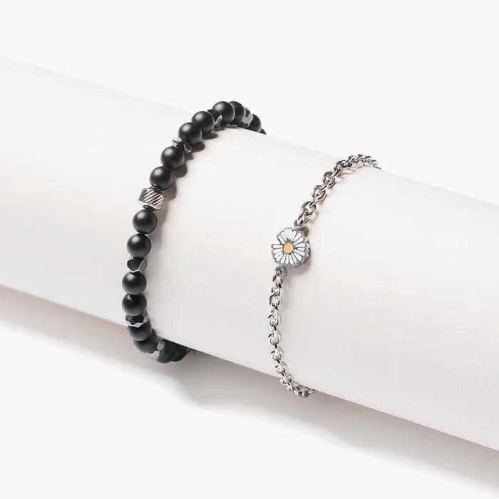6 Black Seahorse Mix 737 Daisy Pendant Chain 797 Bracelet Set (C2503-SE446_BK)