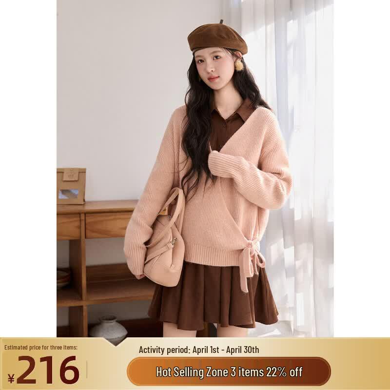 

Women s V-Neck Sweater & Peach Skin Dress Outfit S