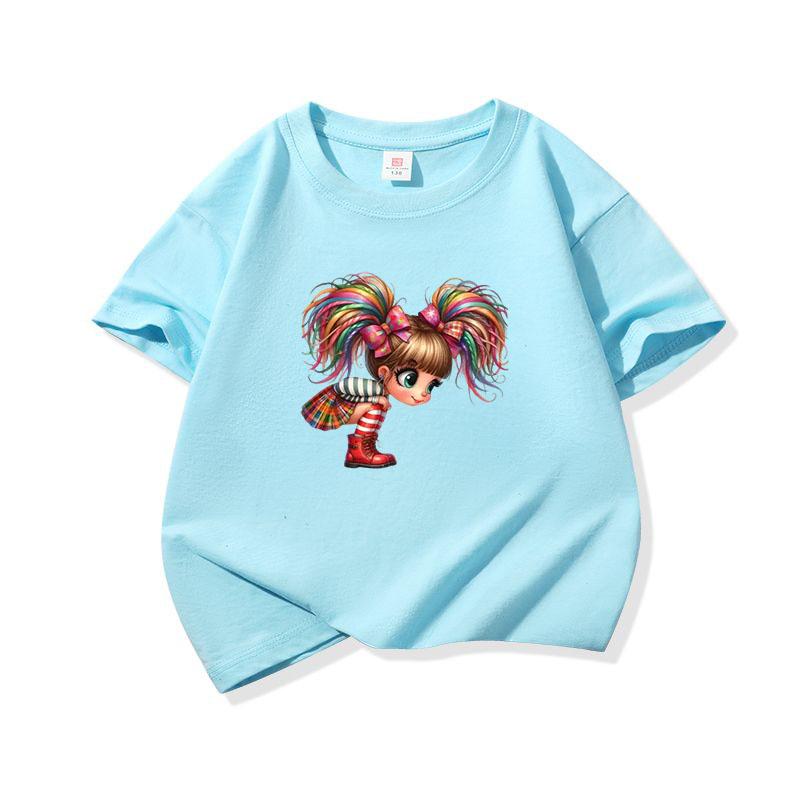 Kids Cotton T Shirt Rainbow Hair Girl Wear Plaid Skirt Print Crew Neck Short Sleeve Tee Casual Boys Girls Summer Tops