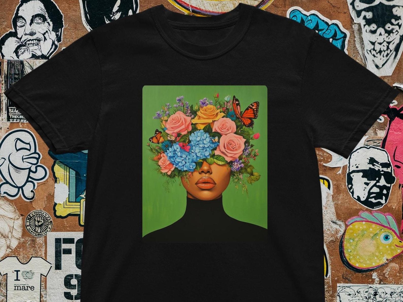 Floral Head Art T-Shirt: Surreal Woman with Flowers Tee S