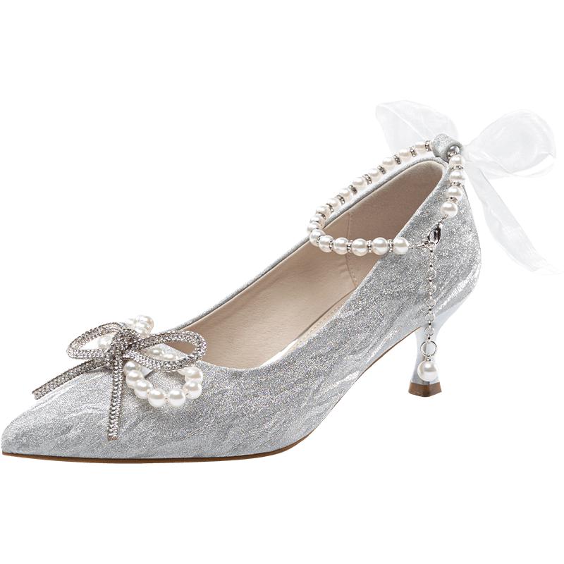 Women s Elegant Pointed-Toe Rhinestone Pearl Chain Heels 38