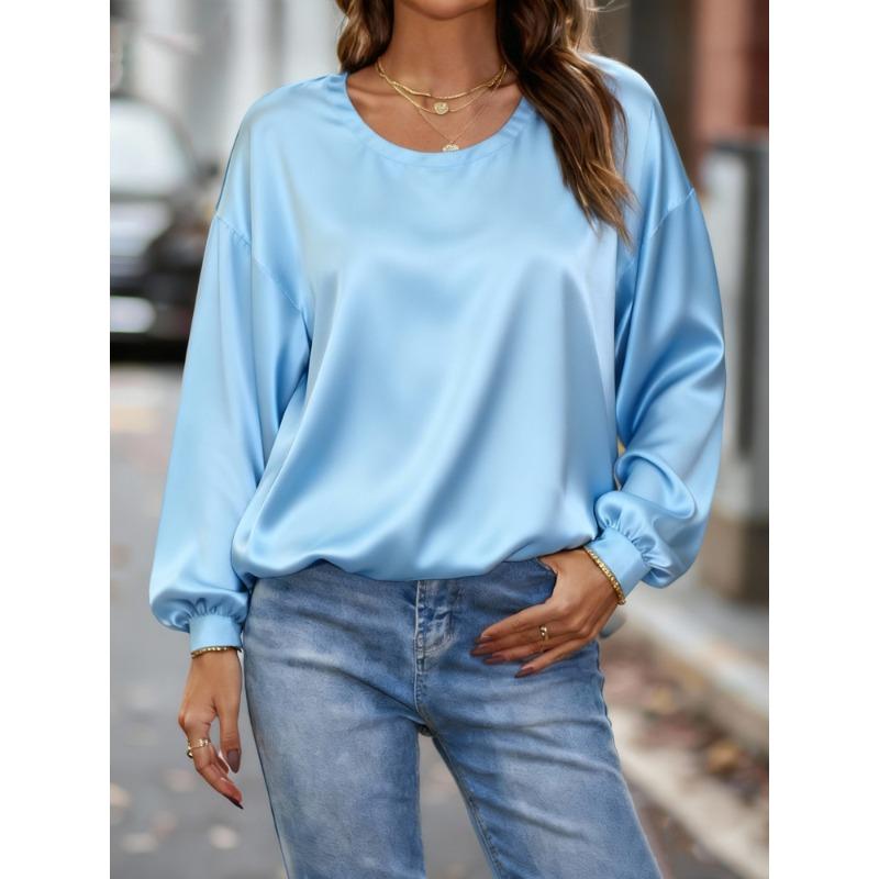 QICED Women's Fashion Casual Solid Color Print Long Sleeve O-Neck Blouses & Shirts