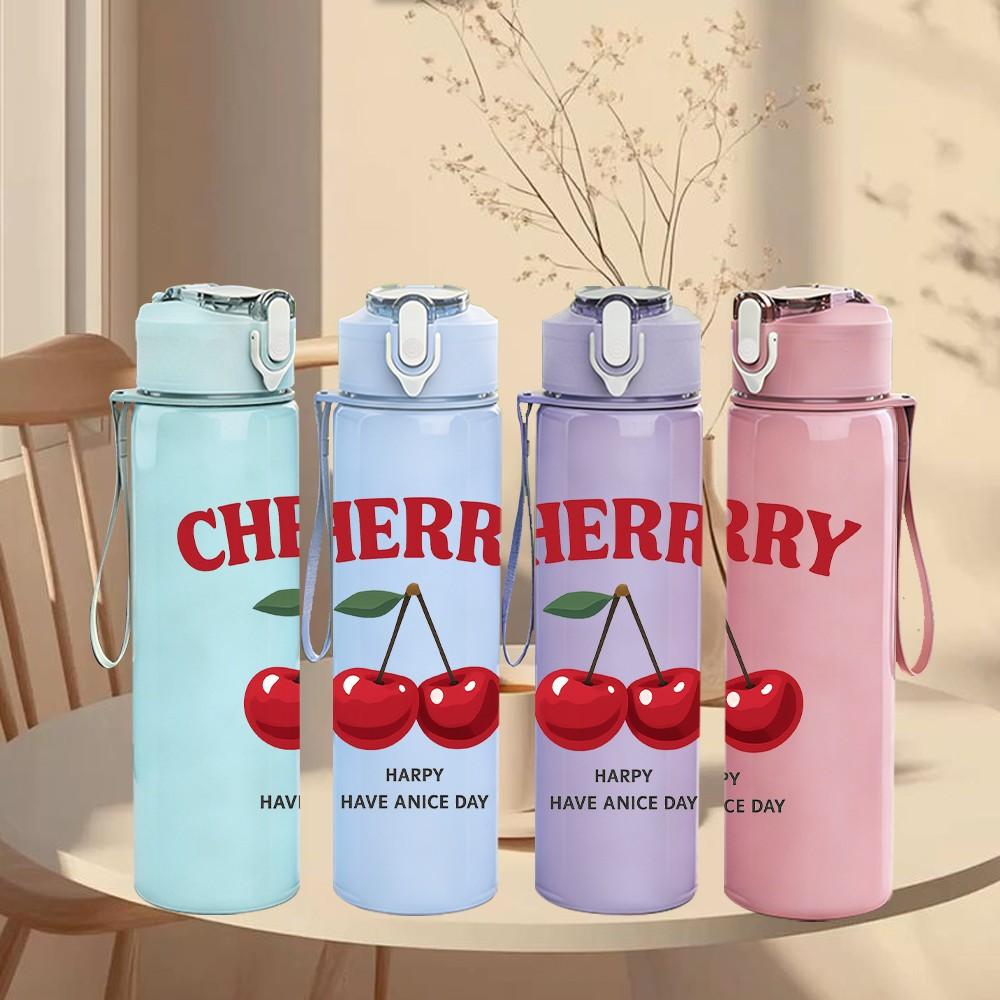 1PC Cherry Fruit Letter Logo 750ml Color Plastic Sports Water Bottle Leakproof Flip Straw Lid Suitable for Sports Office Home Use