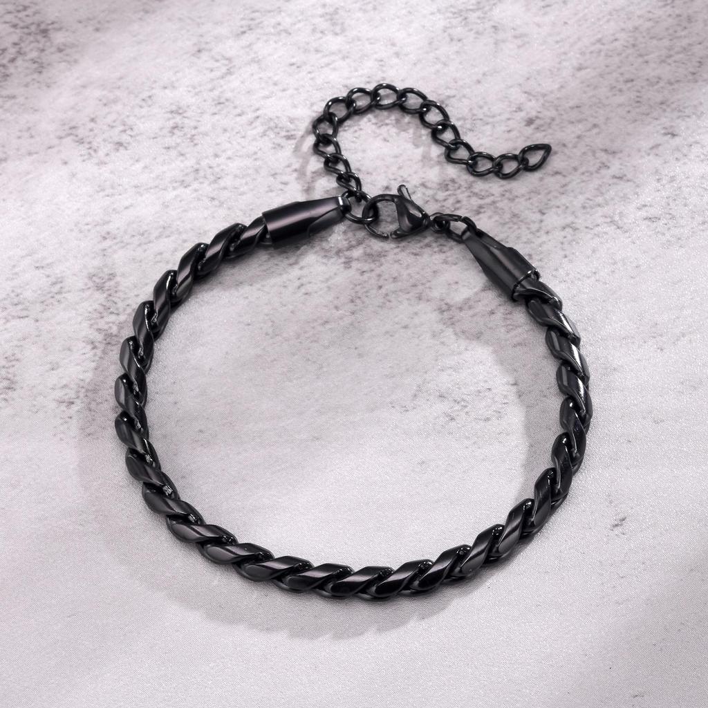 Men Snake Link Chain Bracelets, Black Silver Color Twisted Stainless Steel Glossy Chain Bracelet, Comfort Wear Jewelry
