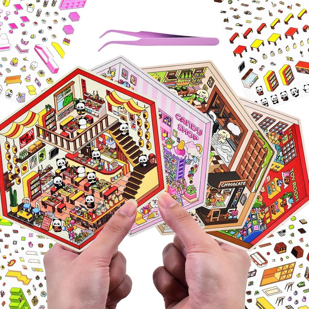 Conjunto de 4 Adesivos DIY 3D para Mini Casa de Hobby com Crie Seu Próprio Pote Brinquedo Loja de Doces Fábrica de Chocolate Cena Mini Quarto Adesivos Artesanais para Estresse