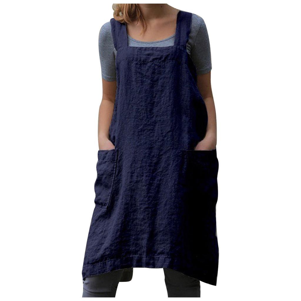 Apron For Baking Cooking And Gardening Cross Back Linen Women With 2 Pockets