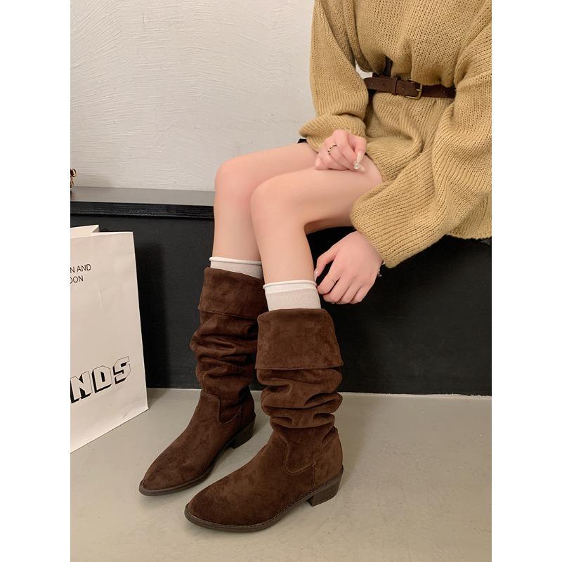 

Женские рыцарские сапоги новые осенне-зимние с длинным голенищем на толстом каблуке коричневые высокие сапоги ретро замшевые плиссированные сапоги с мехом 40 коричневый
