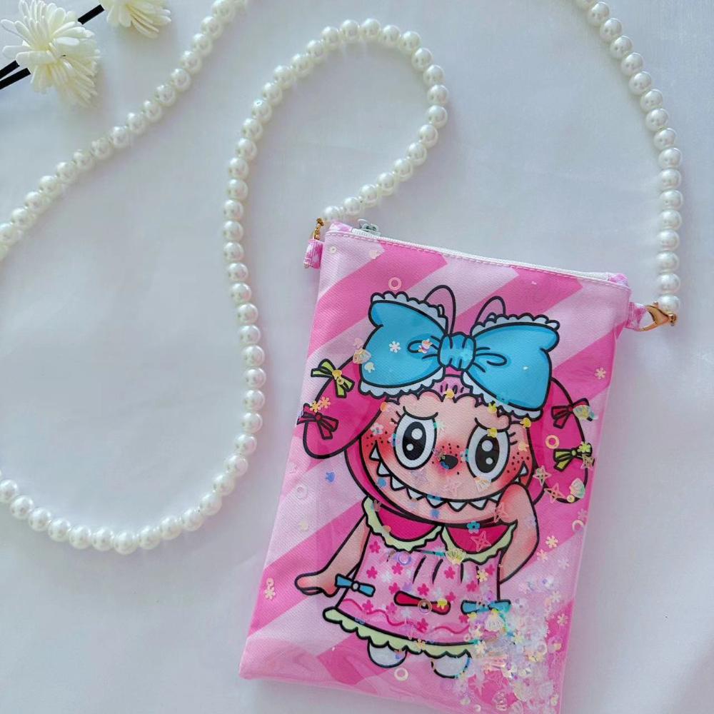 Labubu cartoon print quicksand mobile phone bag coin purse key bag zipper storage crossbody bag KTY