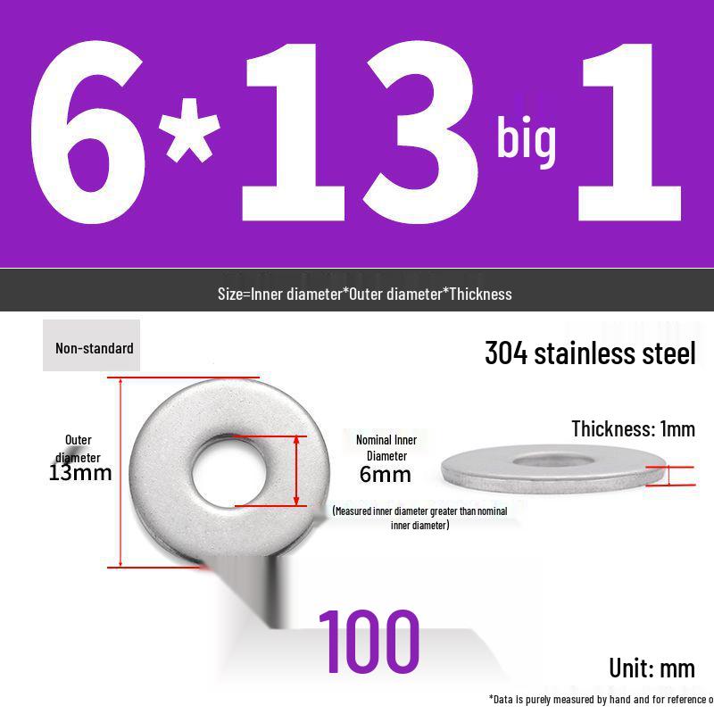 304 Stainless Steel Enlarged Flat Washer Ring (Sizes: M1.6-M22)