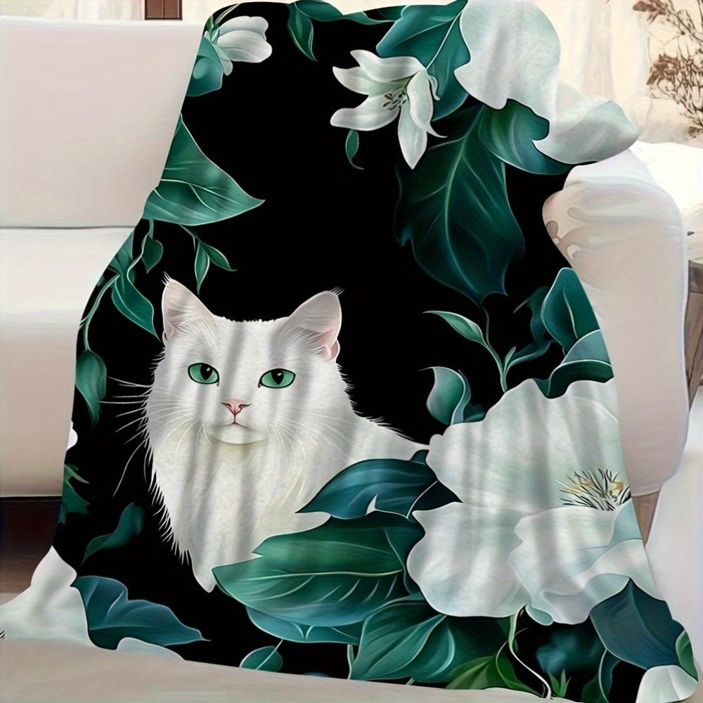 1pc Vintage Style Cat and Floral Print Soft Throw Blanket, 60x80inch, Seamless Pattern with White Cats and White Flowers,