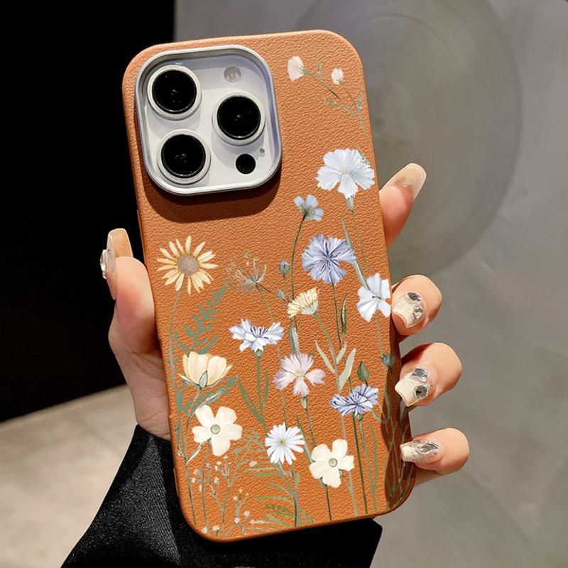 Silikonowe etui na telefon z teksturą białej skóry z kwiatowym wzorem dla iPhone 16 15 Pro 14 13 12 Pro Max 14 15 Plus 11 16e Magnetyczne do ładowania bezprzewodowego Magsafe