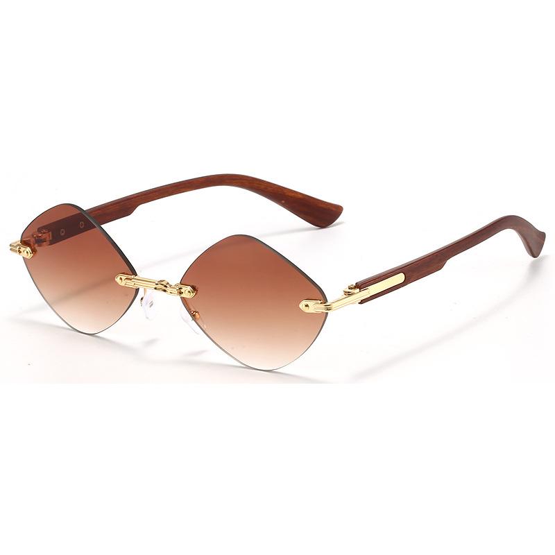 Fashion rhombus frameless trimmed sunglasses men's and women's wood grain European and American sunscreen sunglasses
